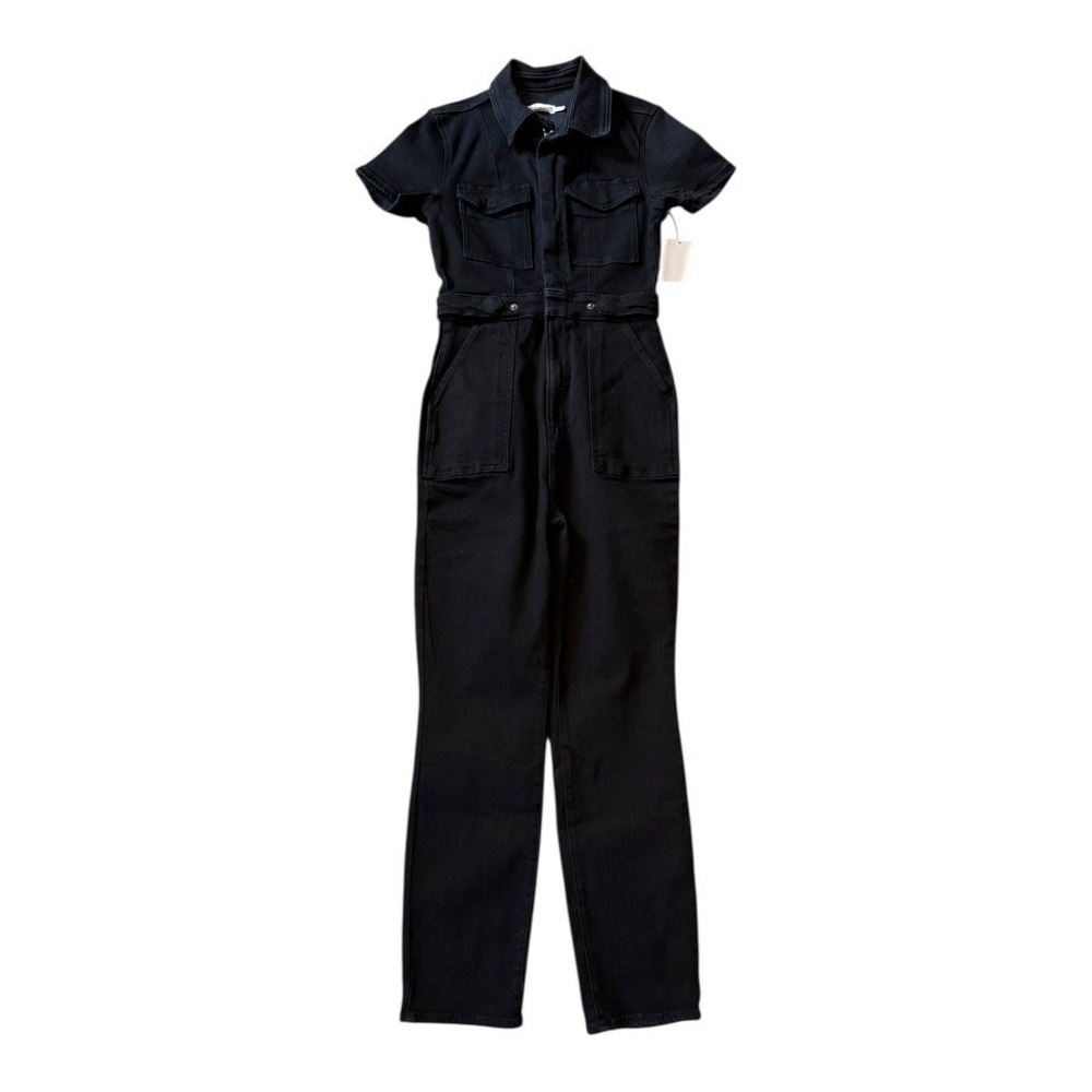 Black Short-Sleeve Denim Jumpsuit - Picture 2 of 7